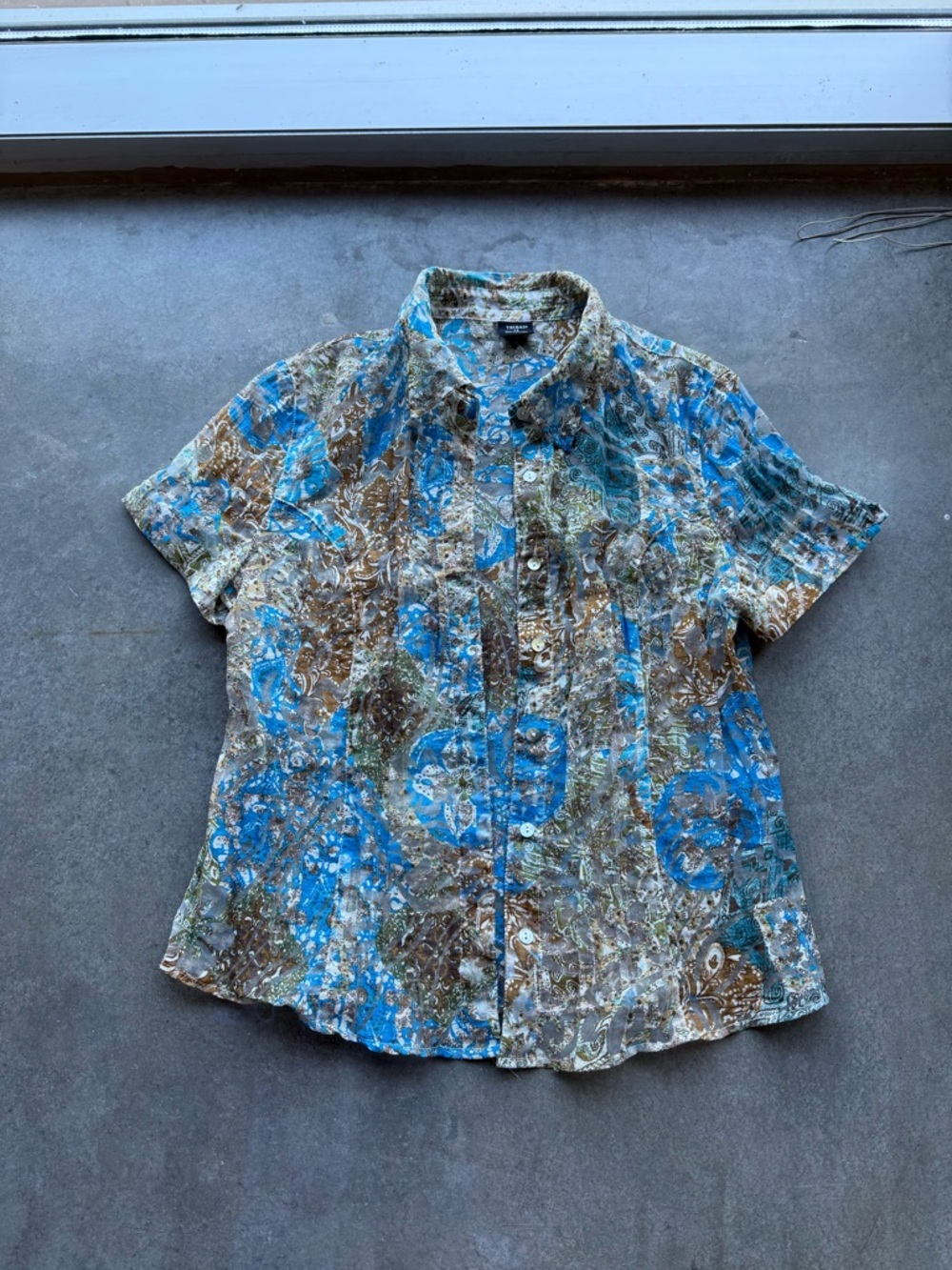 Tribal Short-Sleeve Button-Down Shirt in Blue and Brown Pattern